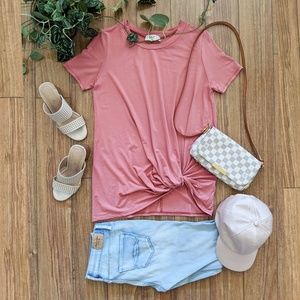 🖤Everyday Marsala Casual Knot Twist Hem Tee - SM